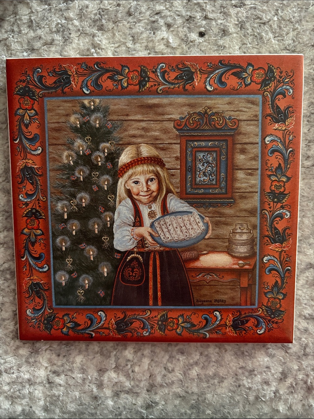 Vintage Norwegian Folk Art “Lefse Girl”
Trivet/Wall Hanging by Suzanne Toftey